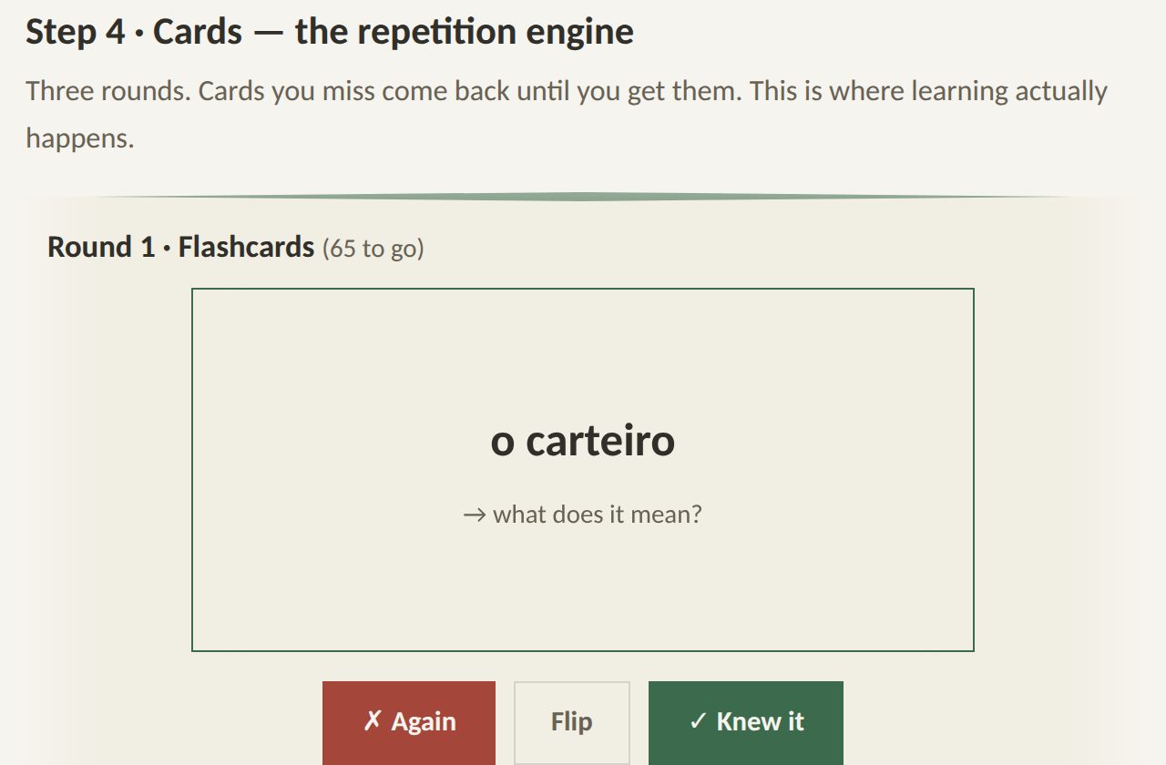 Step 4 of a lesson: the flashcard round