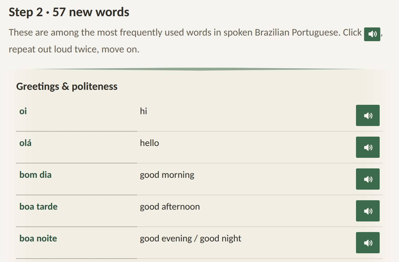 Step 2 of a lesson: the word list, each word with an audio button